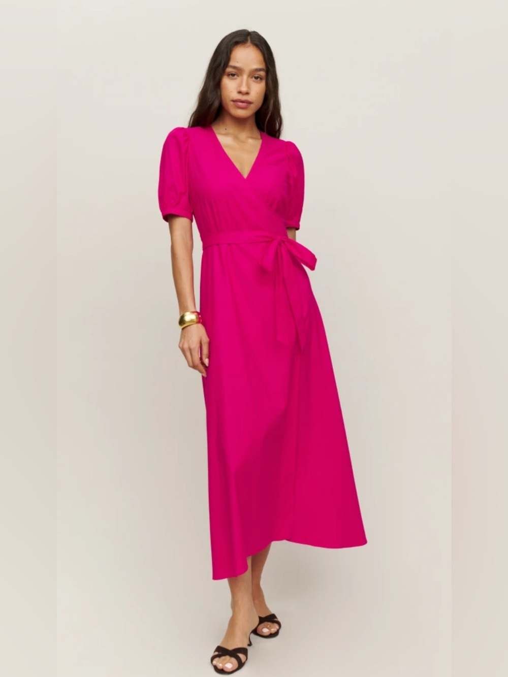 NWT Reformation Kaelie Wrap Midi Dress Puff Sleeves V-neck Pink Organic Cotton M